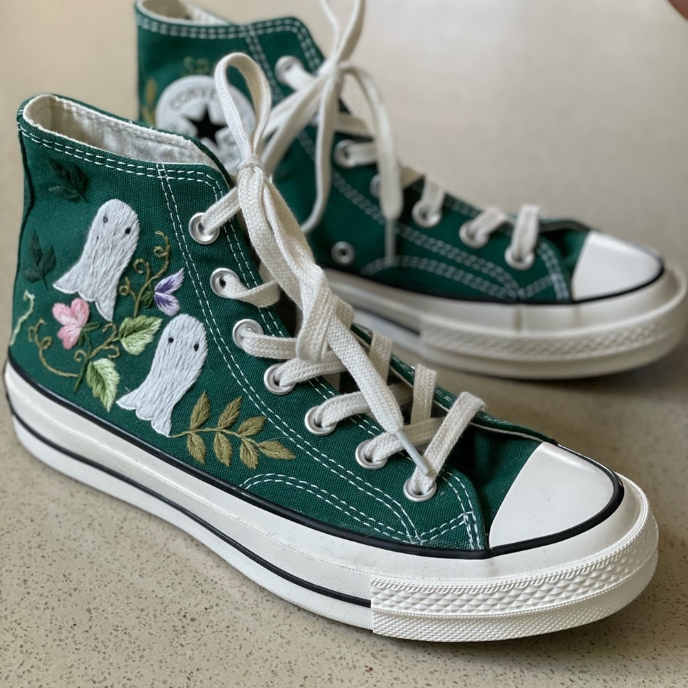 Converse High Tops, Size 7.5 Women, 5.5 Men,  Green, Embroidered with/ Ghosts.
